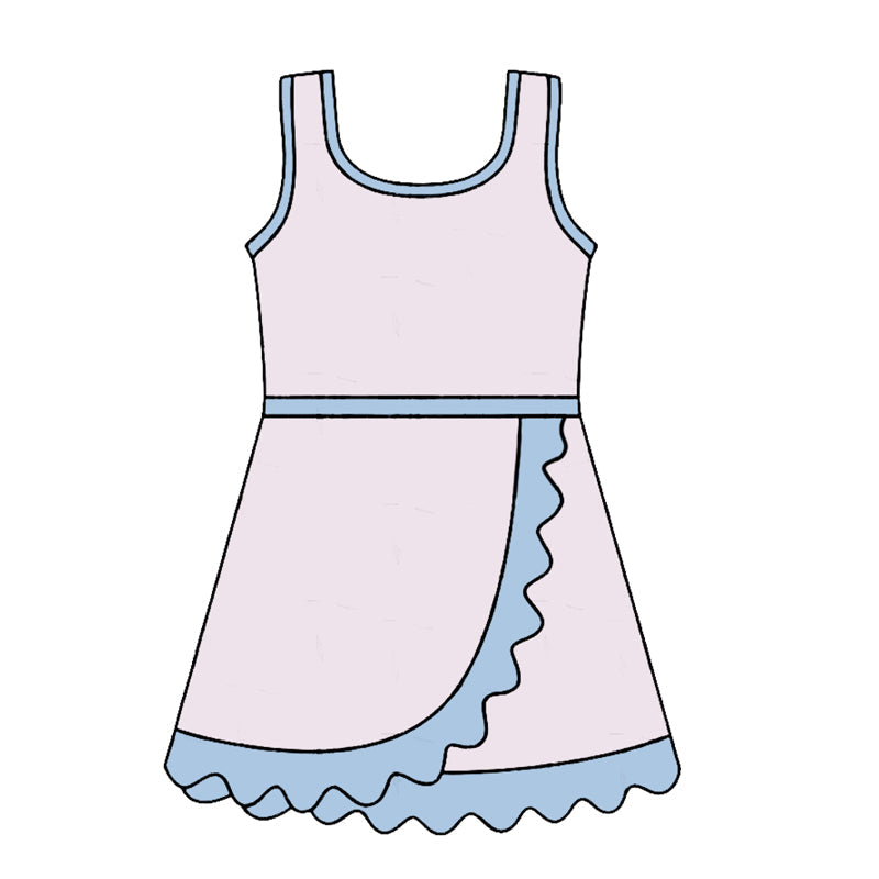 Preorder Baby Girls Kids Sleeveless Shorts Blue Scallop Light Pink Dress Yoga Active Clothes ( Moq 5 )