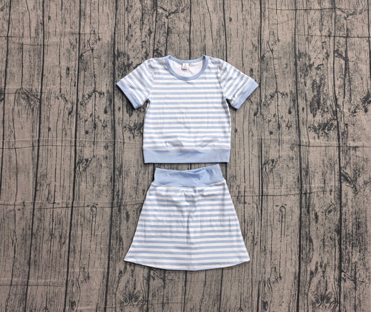 Preorder Baby Girls Kids Short Sleeves Shirt Blue Stripes Skirt Shorts Set Yoga Active Clothes