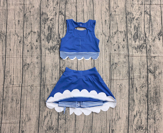 Preorder Baby Girls Kids Scallop Shirt Blue Plaid Bows Skirt Shorts Set Yoga Active Clothes