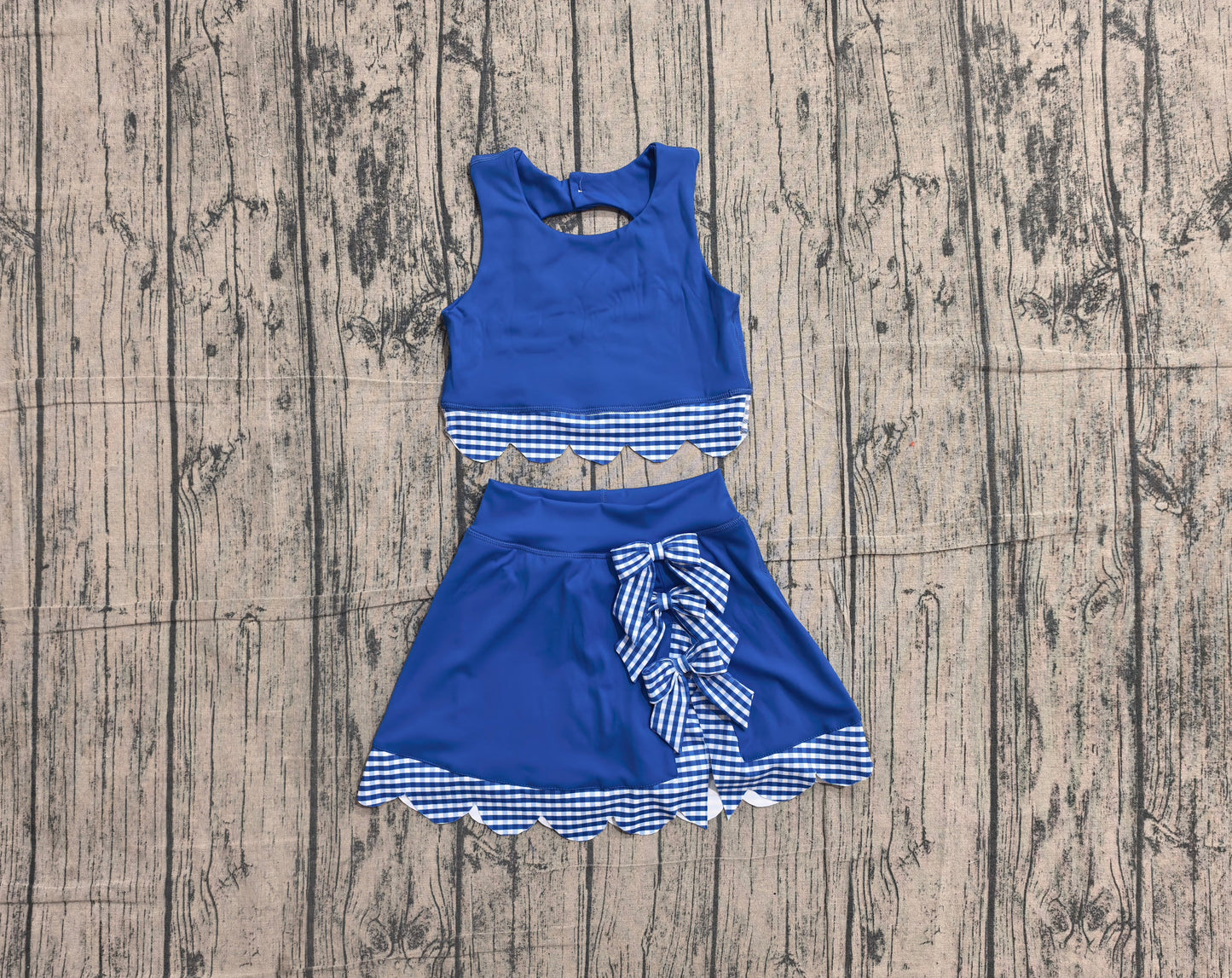 Preorder Baby Girls Kids Scallop Shirt Blue Plaid Bows Skirt Shorts Set Yoga Active Clothes