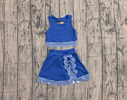 Preorder Baby Girls Kids Scallop Shirt Blue Plaid Bows Skirt Shorts Set Yoga Active Clothes