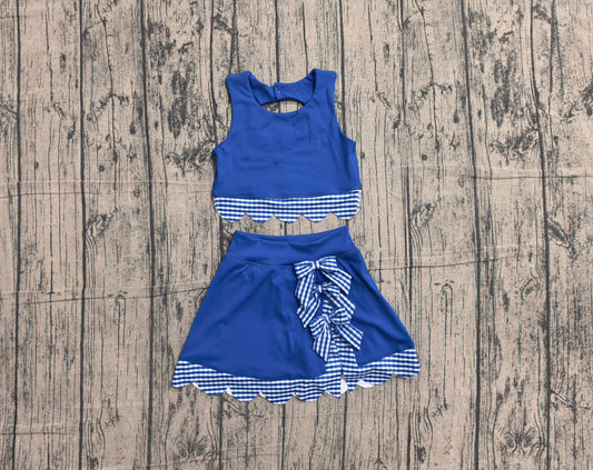 Preorder Baby Girls Kids Scallop Shirt Blue Plaid Bows Skirt Shorts Set Yoga Active Clothes