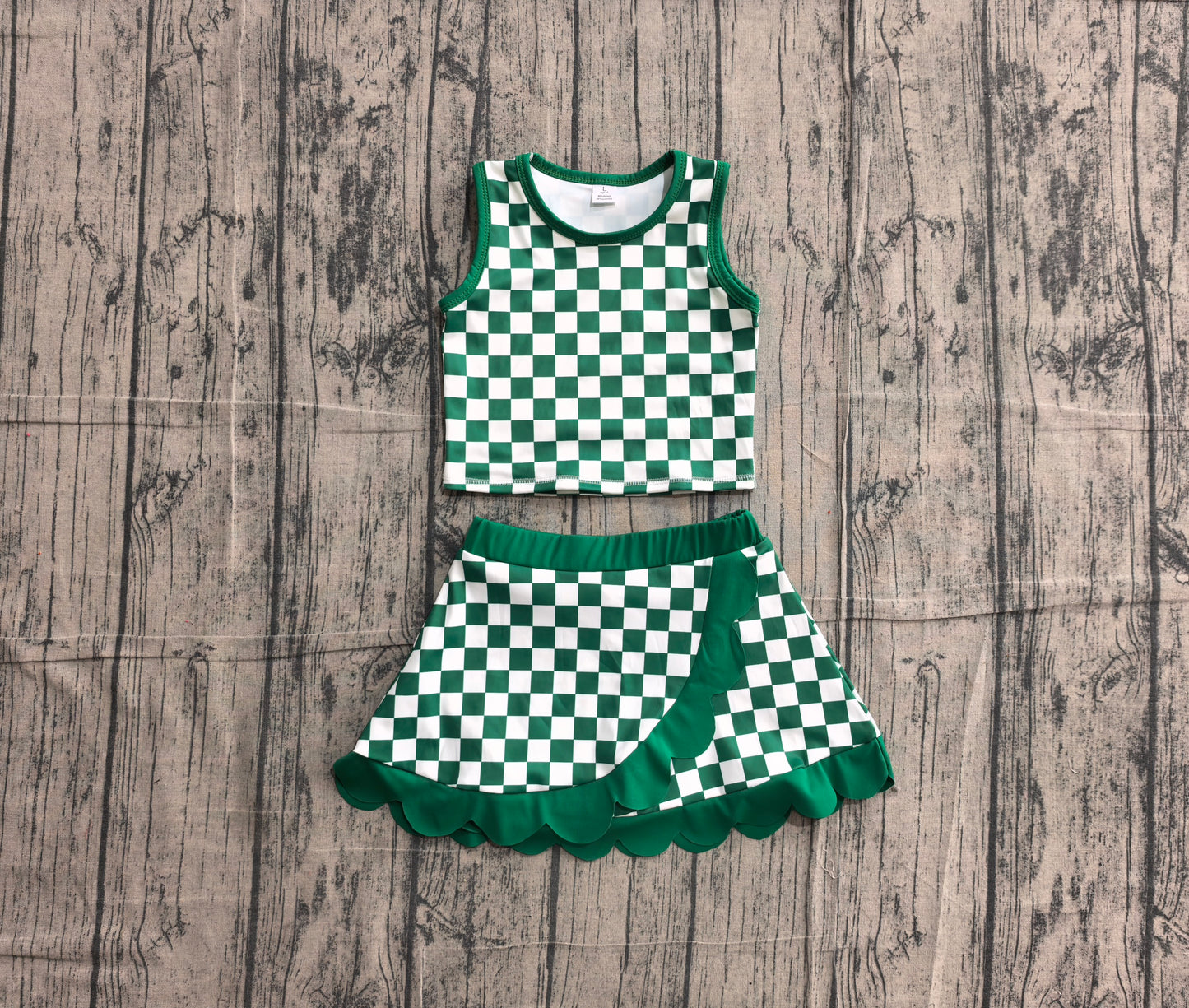 Preorder GSD4178 Baby Girls Kids Green Plaid Shirt Scallop Skirt Shorts Yoga Active Set
