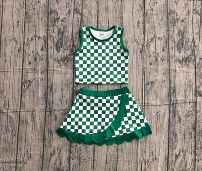 Preorder GSD4178 Baby Girls Kids Green Plaid Shirt Scallop Skirt Shorts Yoga Active Set