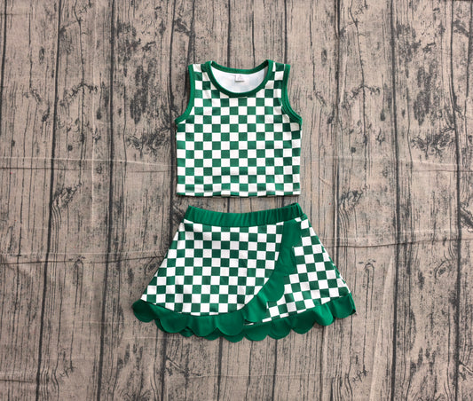 Preorder GSD4178 Baby Girls Kids Green Plaid Shirt Scallop Skirt Shorts Yoga Active Set