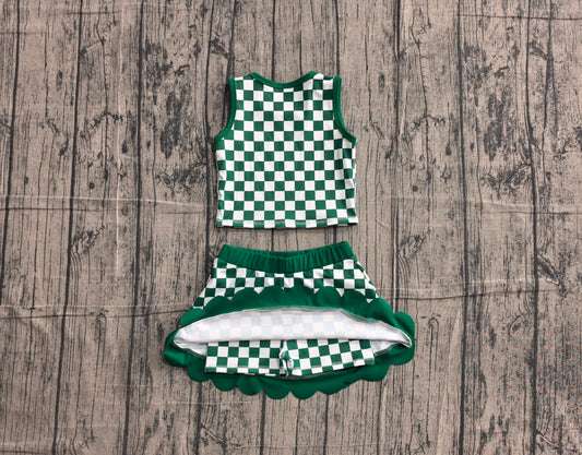 Preorder GSD4178 Baby Girls Kids Green Plaid Shirt Scallop Skirt Shorts Yoga Active Set