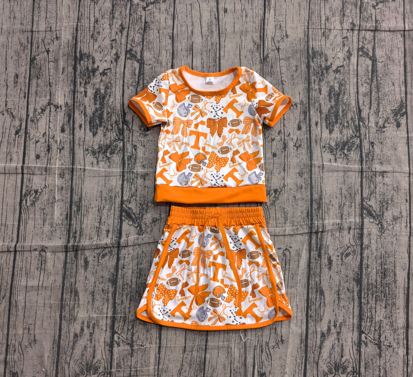 Preorder GSD4181 Baby Girls Kids Orange Bows Football Shirt Skirt Shorts Yoga Active Team Set