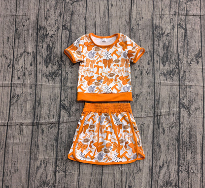 Preorder GSD4181 Baby Girls Kids Orange Bows Football Shirt Skirt Shorts Yoga Active Team Set