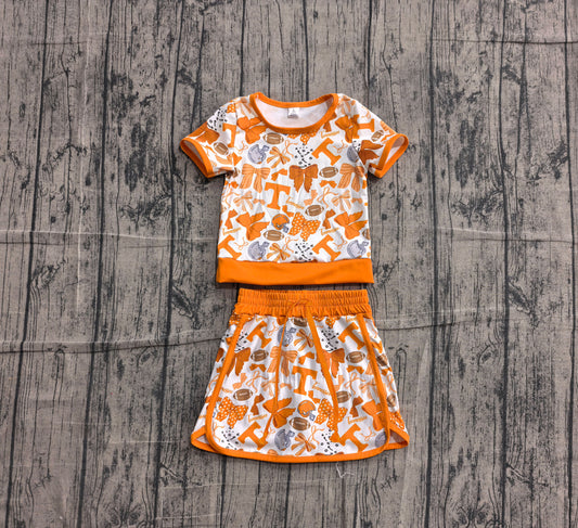 Preorder GSD4181 Baby Girls Kids Orange Bows Football Shirt Skirt Shorts Yoga Active Team Set