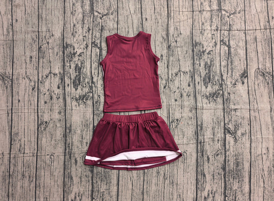 Preorder Baby Girls Kids Sleeveless Tops Dark Red Skirt Shorts Set Yoga Team Clothes