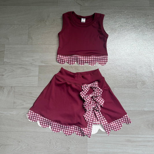 No moq Preorder Baby Girls Kids Dark Red Vest Plaid Bows Scallop Bows Skirt Shorts Yoga Active Set Clothes