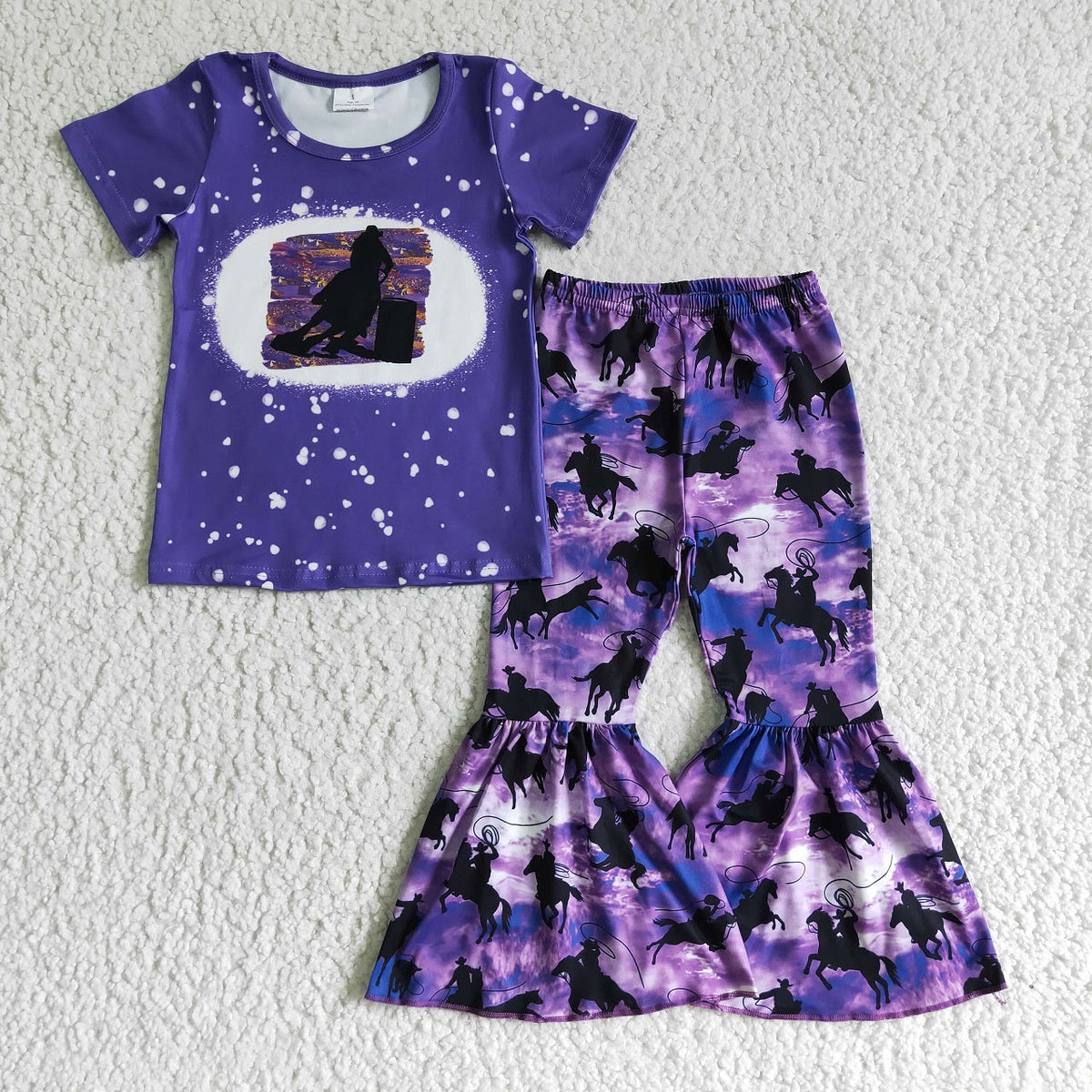 Promotion Baby Girls Kids Short Sleeves Shirt Western Pants Purple Set