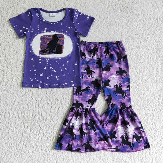 Promotion Baby Girls Kids Short Sleeves Shirt Western Pants Purple Set