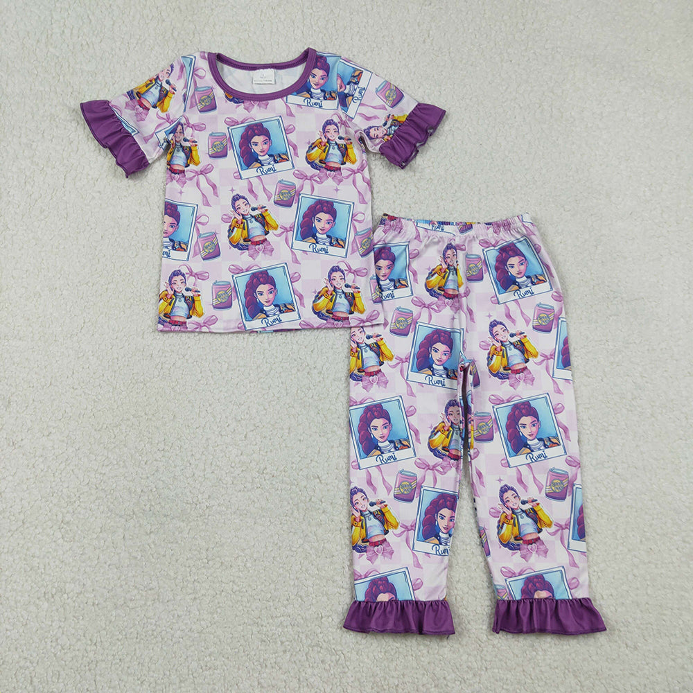 RTS Sibling Baby Girls Adult Women Short Sleeves Singer Characters Purple Bows Dress Family Pajamas Set
