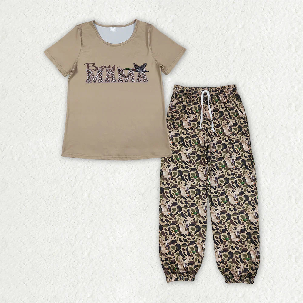 RTS Adult Women Short Sleeves Mama's Boy Tops Camo Ducks Pockets Pants Set