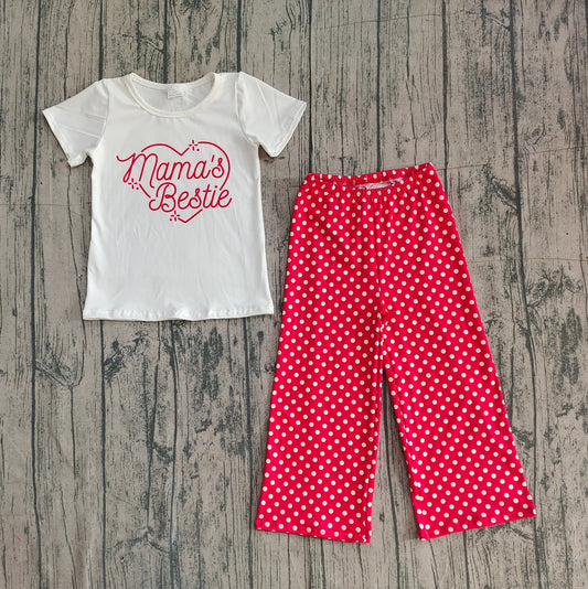 RTS Baby Girls Short Sleeves Mama's Bestie Heart Shirt Red Dots Pants Clothes Set