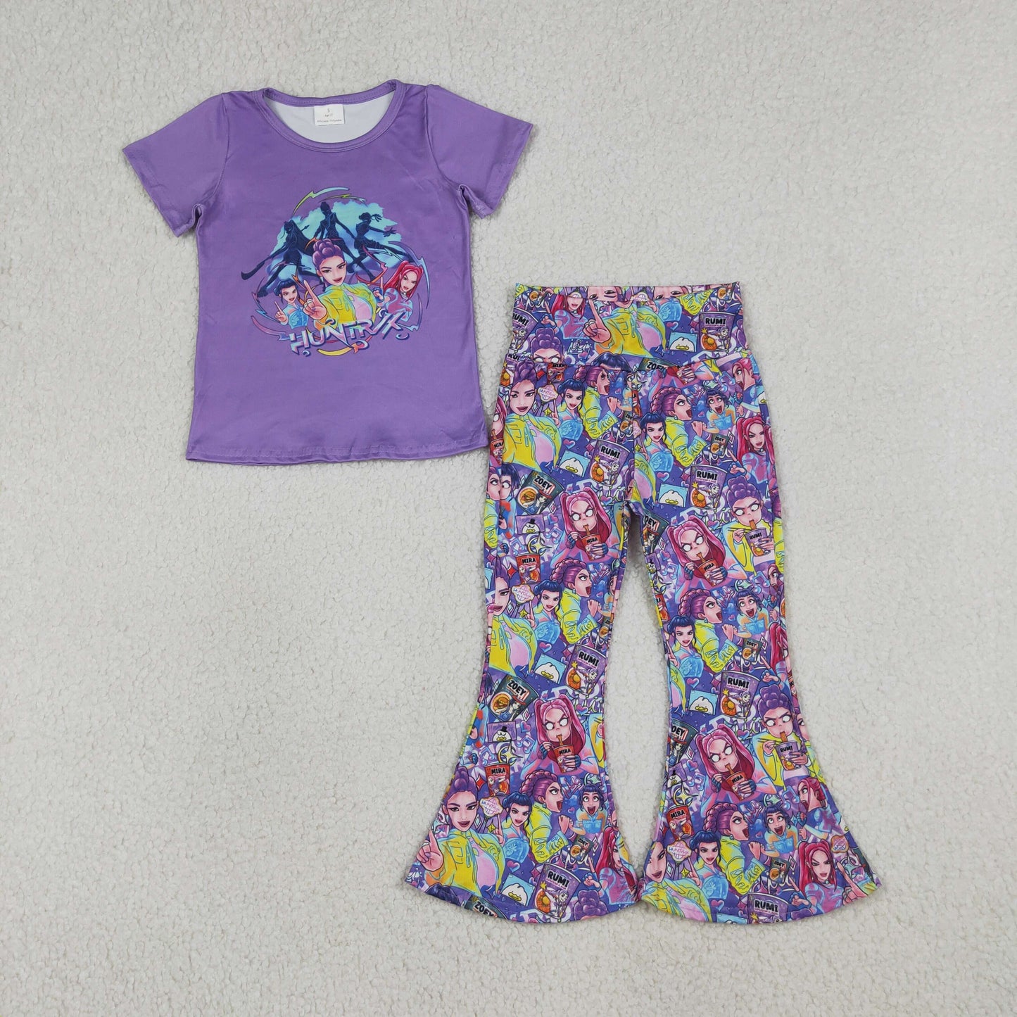 Sibling Baby Girls Kids Short Sleeves Singer Characters Sets Purple Clothes