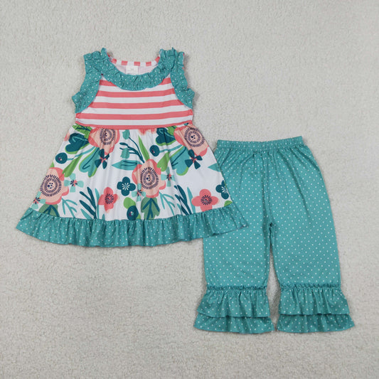 Baby Girls Kids Sleeveless Flower Stripes Tunic Dots Green Ruffle Pants Set Clothes