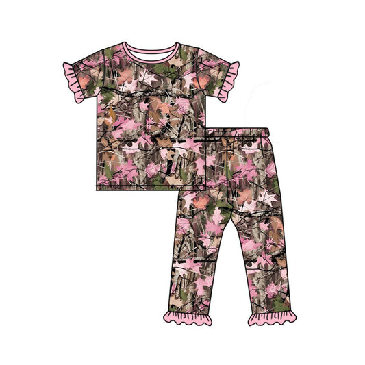 Preorder Baby Girls Kids Short Sleeve Leaves Shirt Pink Ruffle Pants Pajamas Set ( Moq 5 )