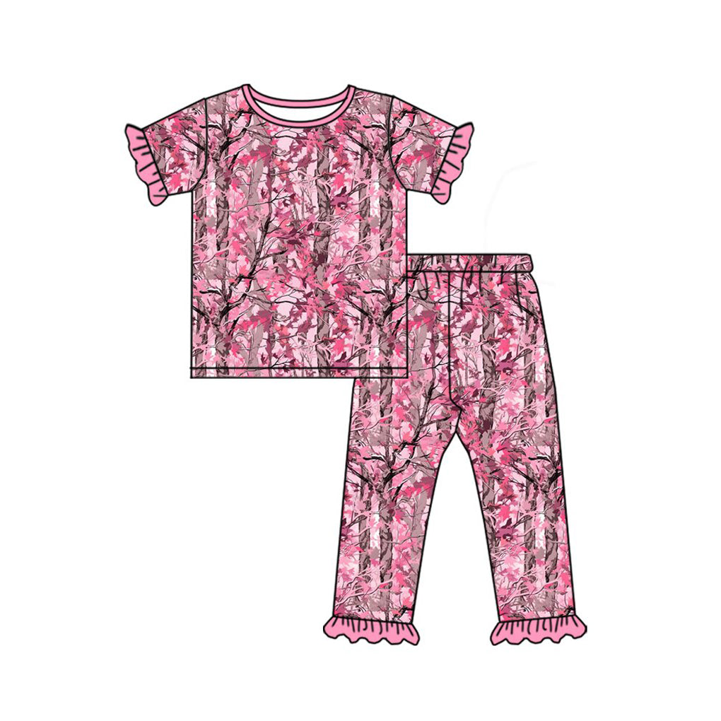 Preorder Baby Girls Kids Short Sleeve Leaves Shirt Ruffle Pants Pajamas Pink Set ( Moq 5 )