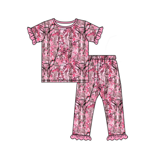 Preorder Baby Girls Kids Short Sleeve Leaves Shirt Ruffle Pants Pajamas Pink Set ( Moq 5 )