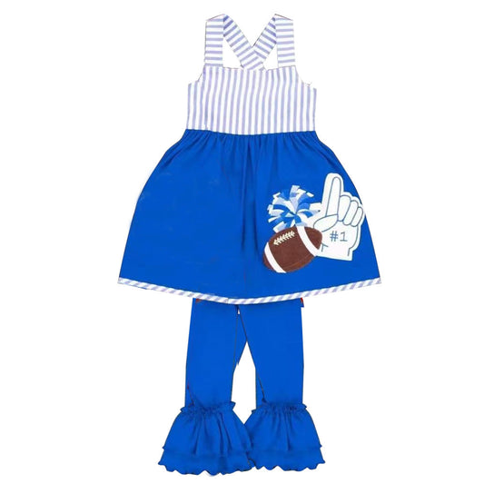 Preorder Baby Girls Kids Straps Football Cheer Tunic Ruffle Pants Blue Set Team Clothes ( Moq 5 )