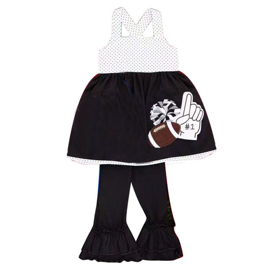 Preorder Baby Girls Kids Straps Football Cheer Tunic Ruffle Pants Black Set Team Clothes ( Moq 5 )