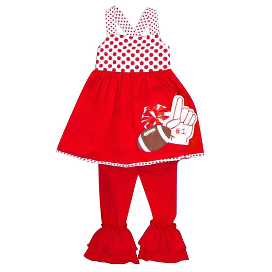 Preorder Baby Girls Kids Straps Football Cheer Tunic Red Ruffle Pants Set Team Clothes ( Moq 5 )