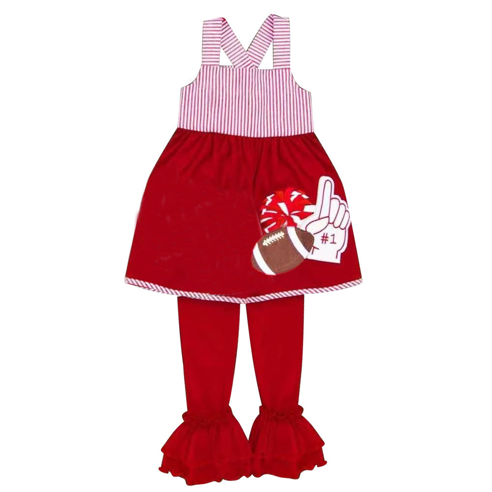 Preorder Baby Girls Kids Straps Football Cheer Tunic Ruffle Pants Red Set Team Clothes ( Moq 5 )