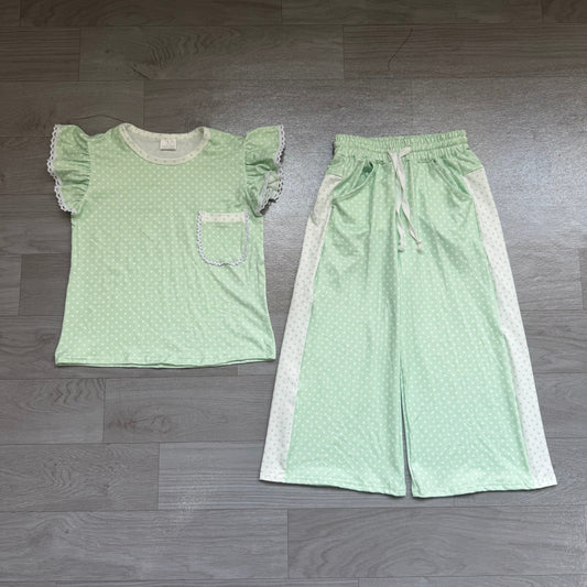 Baby Girl Kids Short Sleeves Pocket Shirt Dots Pants Green Set Clothes