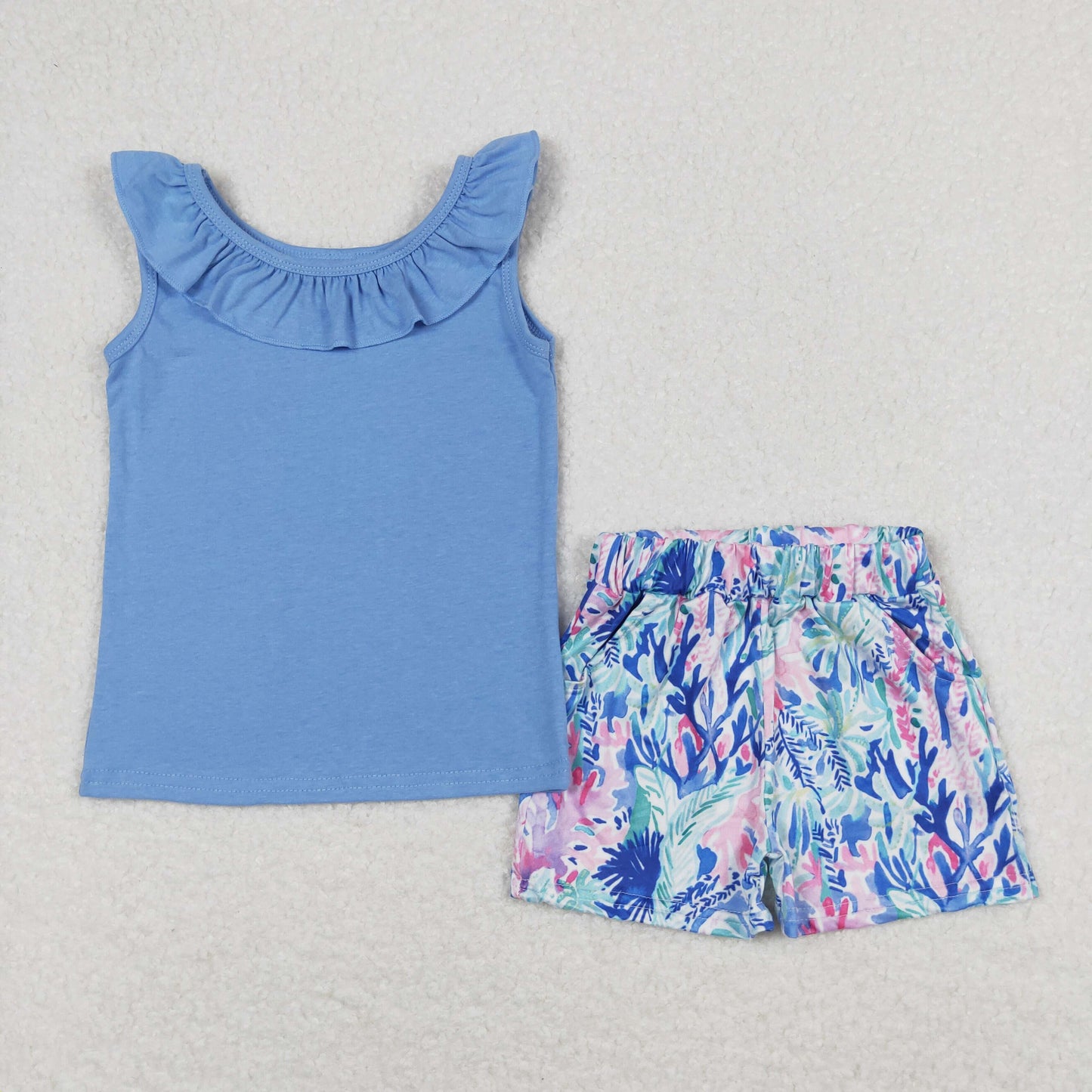USA Shop Baby Girls Kids Short Sleeves Blue Shirt Flower Shorts Set Clothes