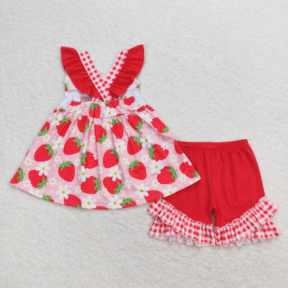 USA Shop Baby Girl Embroidery Mama's Girls Strawberry Tunic Ruffle Shorts Set Clothes