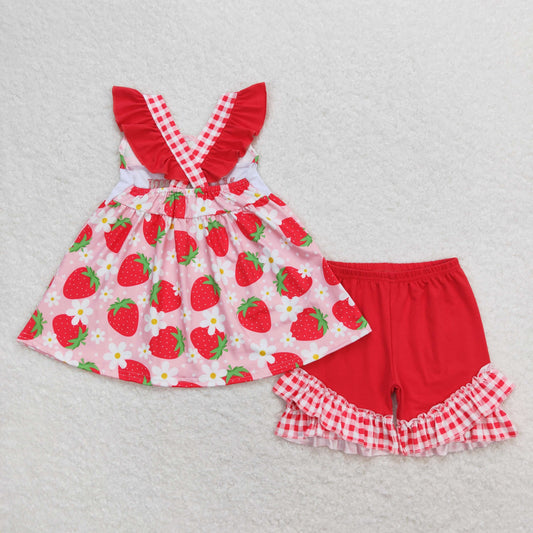USA Shop Baby Girl Embroidery Mama's Girls Strawberry Tunic Ruffle Shorts Set Clothes