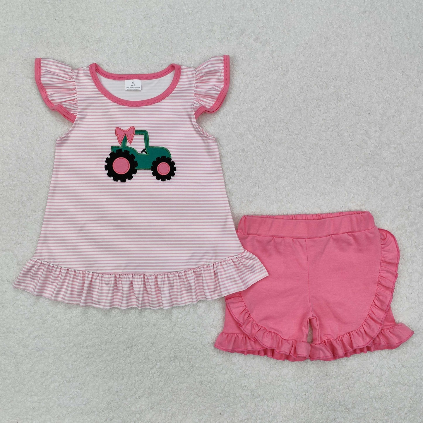 USA Shop Baby Girls Kids Embroidery Trucks Stripes Tunic Pink Ruffle Shorts Set Clothes