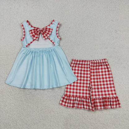 Sibling Baby Boys Girls Blue Tops Red Plaid Shorts Clothes Rompers Sets RTS