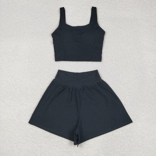 USA Shop Adult Women Strap Vest Shorts Bottom Yoga Active Black Set