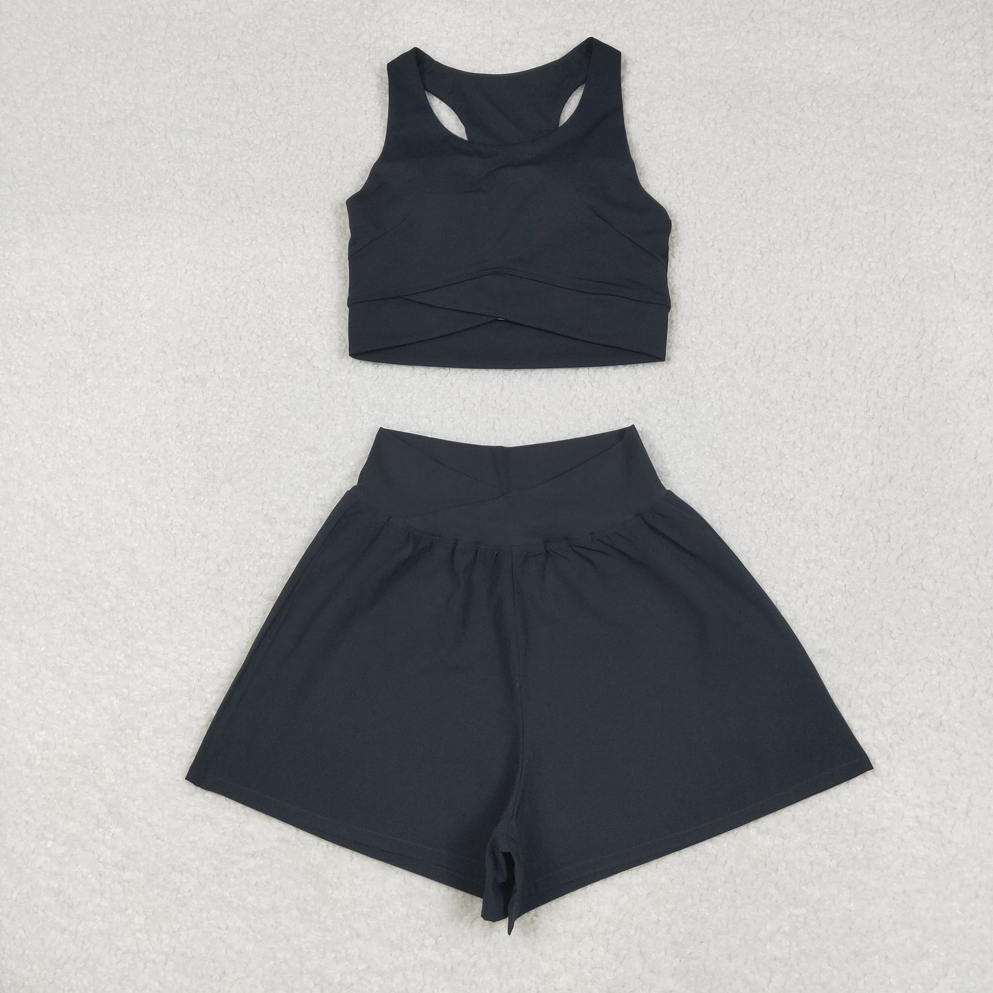 USA Shop Adult Women Sleeveless Tops Shorts Bottoms Yoga Active Black Set
