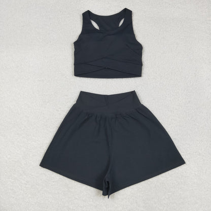 USA Shop Adult Women Sleeveless Tops Shorts Bottoms Yoga Active Black Set