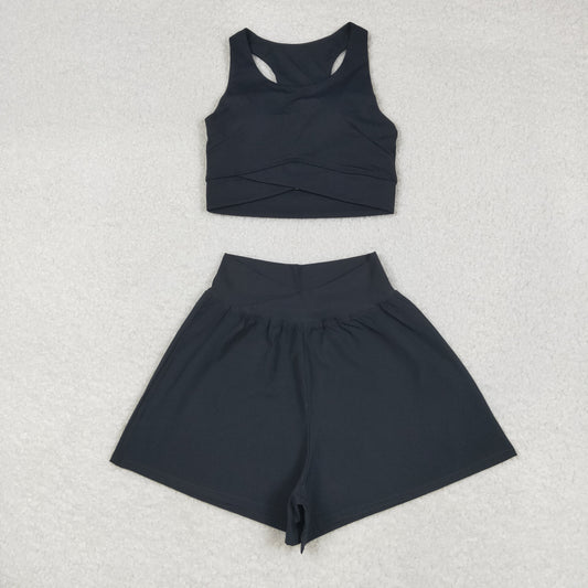 USA Shop Adult Women Sleeveless Tops Shorts Bottoms Yoga Active Black Set