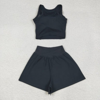 USA Shop Adult Women Sleeveless Black Tops Shorts Bottom Yoga Active Set