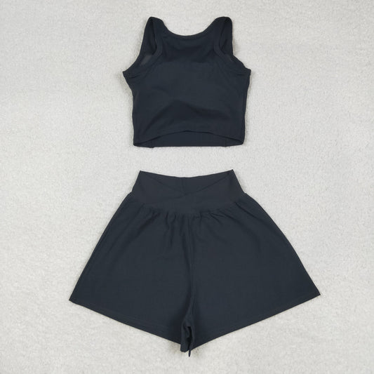 USA Shop Adult Women Sleeveless Black Tops Shorts Bottom Yoga Active Set
