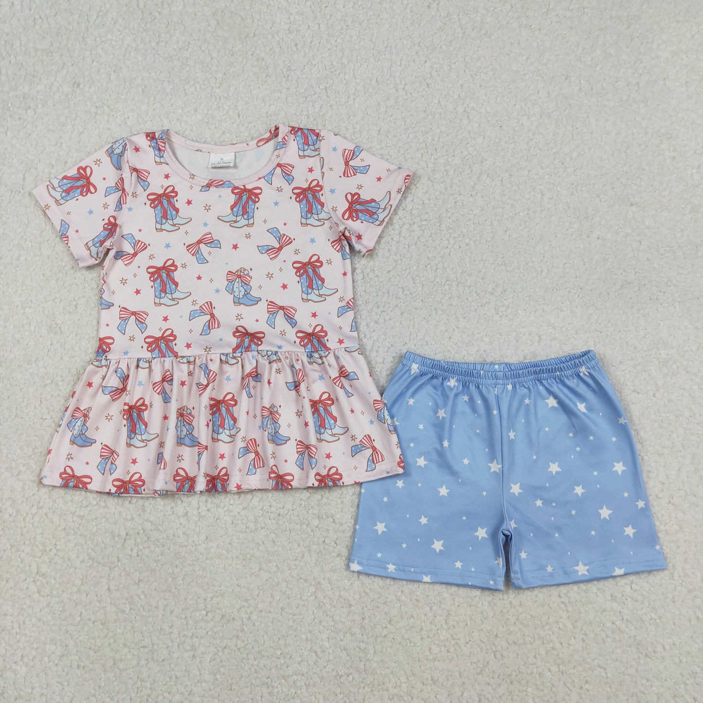Sibling Baby Girls Short Sleeves Bows Boots Tops Shorts 4th of July Clothes Sets