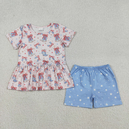 Sibling Baby Girls Short Sleeves Bows Boots Tops Shorts 4th of July Clothes Sets
