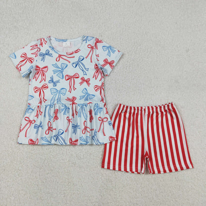 Sibling Baby Girls Short Sleeves Bows Boots Tops Shorts 4th of July Clothes Sets