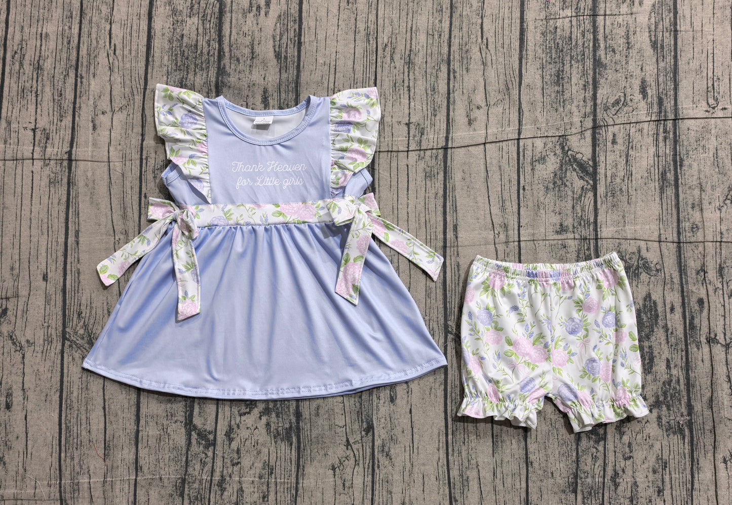 RTS Baby Girls Kids Thank Heaven Bows Blue Tunic Floral Shorts Clothes Set