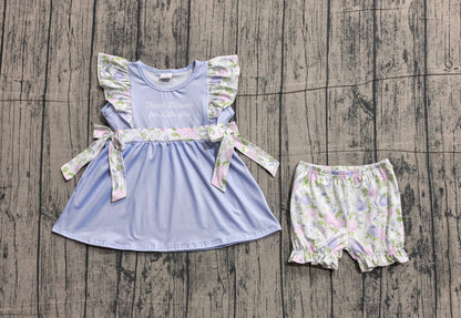 RTS Baby Girls Kids Thank Heaven Bows Blue Tunic Floral Shorts Clothes Set