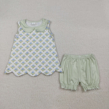 RTS Sibling Baby Girls Kids Sleeveless Flower Scallop Tops Plaid Shorts Set Romper