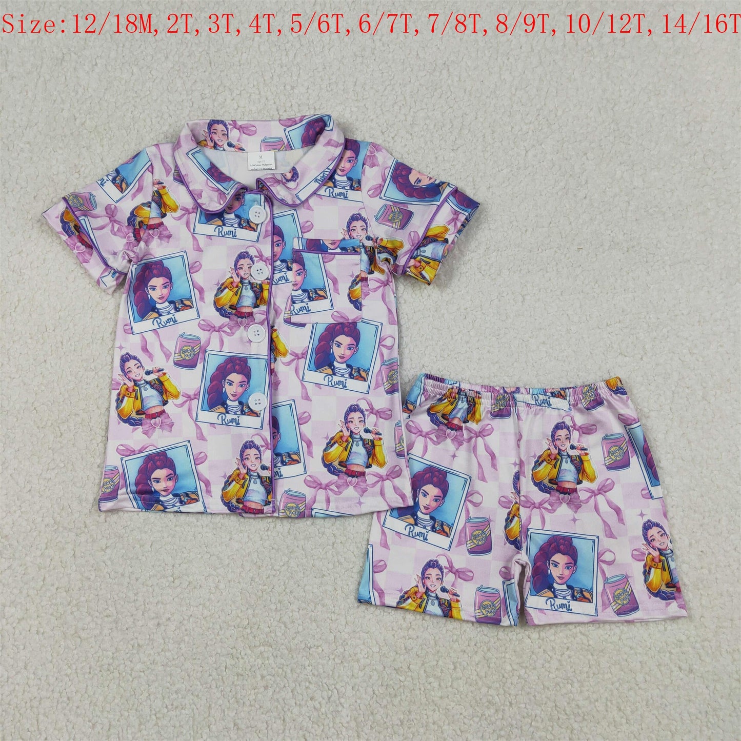 RTS Sibling Baby Girls Adult Women Short Sleeves Singer Characters Purple Bows Dress Family Pajamas Set