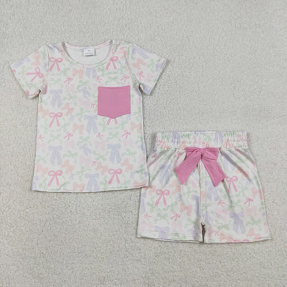 RTS Sibling Baby Girls Kids Short Sleeves Bows Pocket Romper Set Summer Clothes