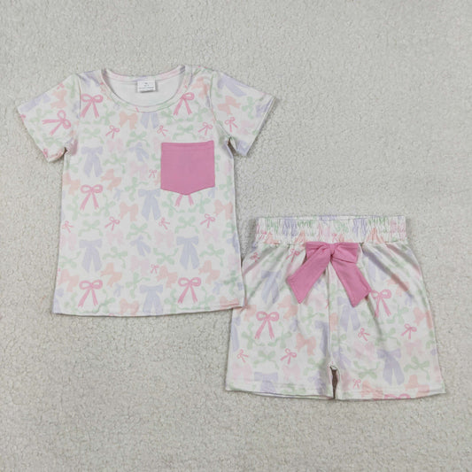 RTS Sibling Baby Girls Kids Short Sleeves Bows Pocket Romper Set Summer Clothes